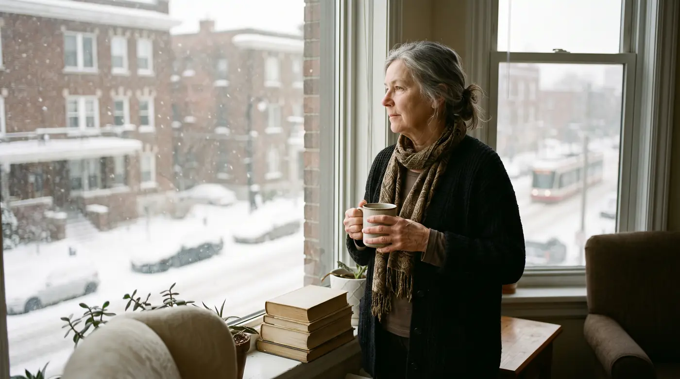 A woman in her sixties holding a mug and looking out of an apartment window at a snowy city street.