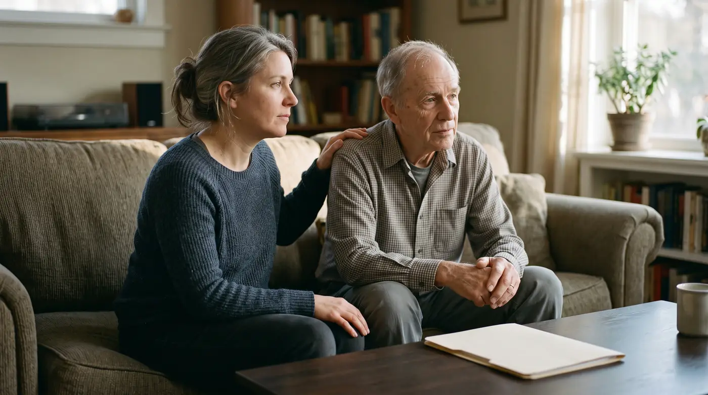 A woman in her forties sitting on a sofa with her hand on her elderly father's shoulder, a closed folder on the coffee table.