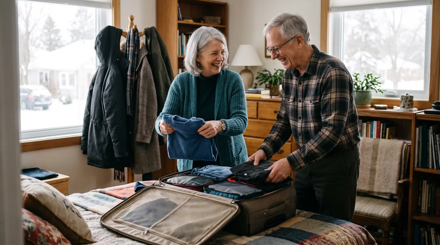 A couple in their late sixties laughing as they pack clothes into a suitcase on a bed, winter coats hanging nearby.
