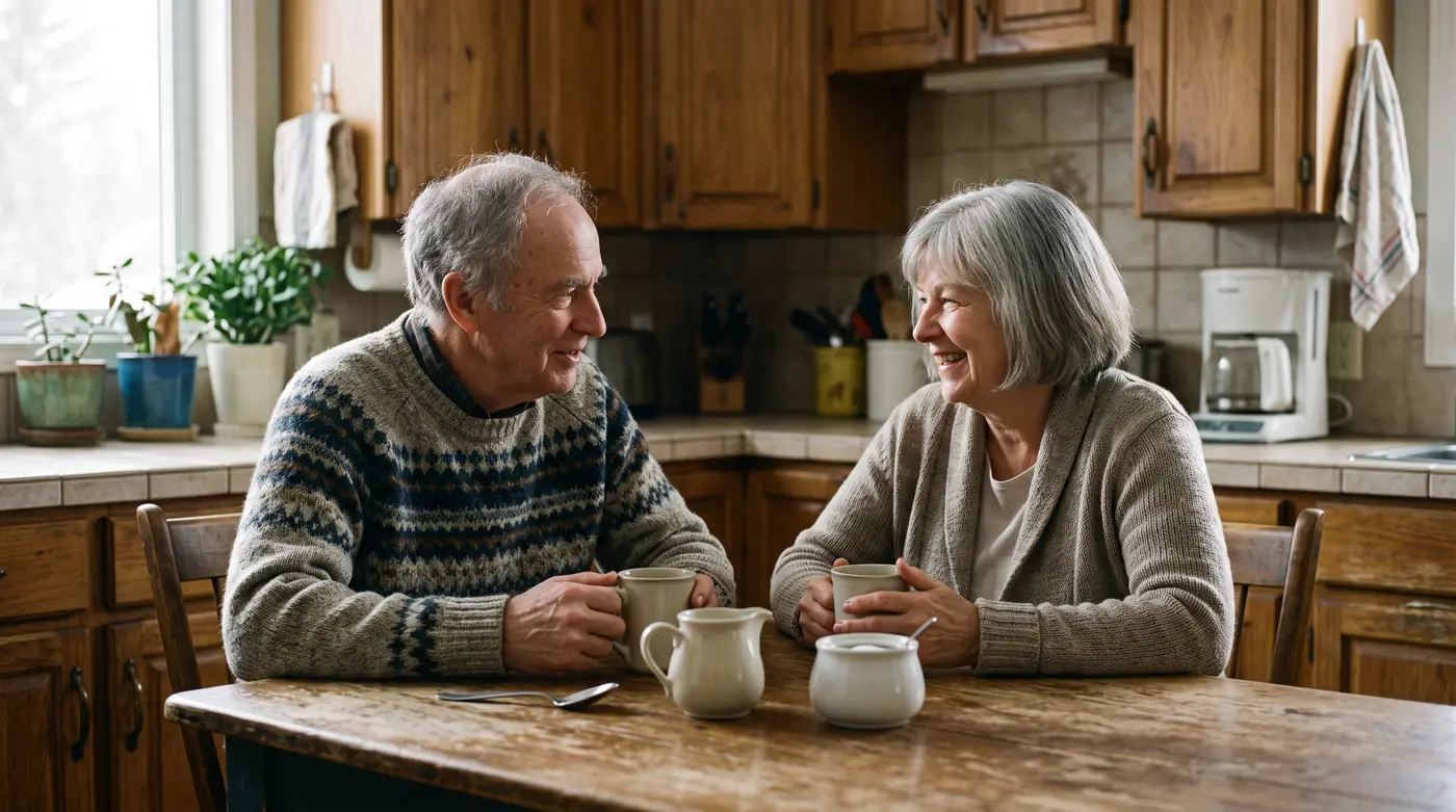 A married couple in their late sixties talking over coffee at a wooden kitchen table.