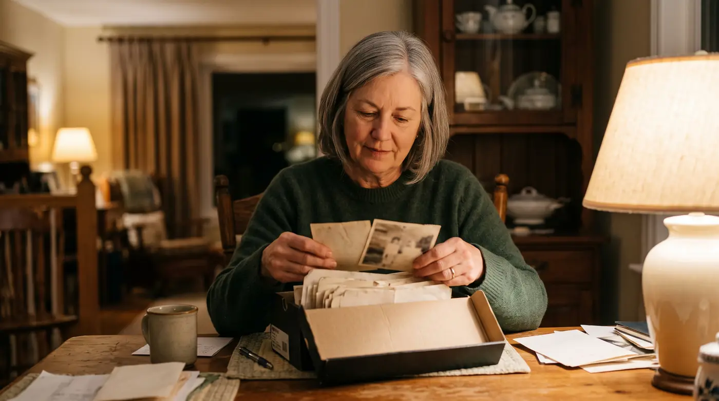 A woman in her early sixties going through a shoebox of old papers and photographs under a table lamp.