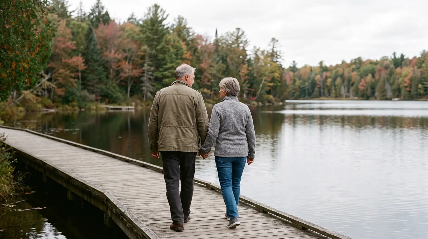 A couple in their late sixties walking hand in hand along a lakeside boardwalk in early autumn.