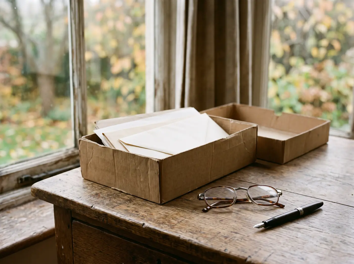 A plain cardboard file box of blank envelopes on a wooden desk beside reading glasses and a fountain pen.