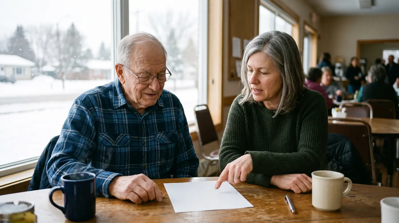 An older man and a volunteer looking at a blank sheet of paper together at a community centre table in winter.
