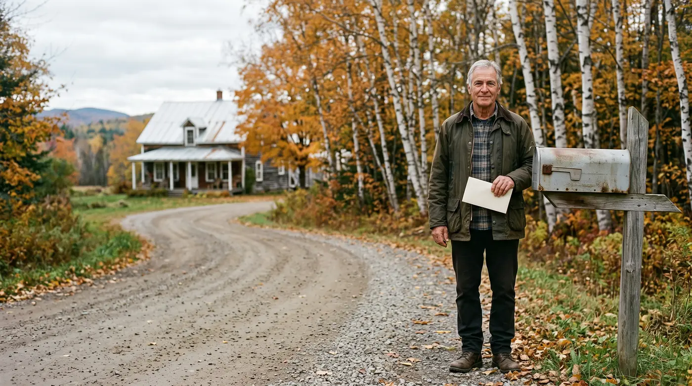 A man in his sixties holding a plain envelope beside a rural mailbox on a gravel road in autumn.