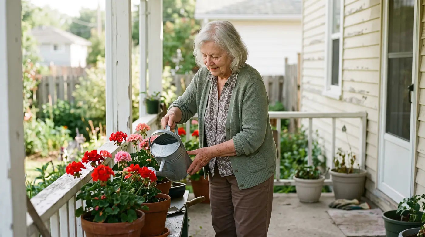 A woman in her mid-seventies watering red geraniums on the back porch of a small house.