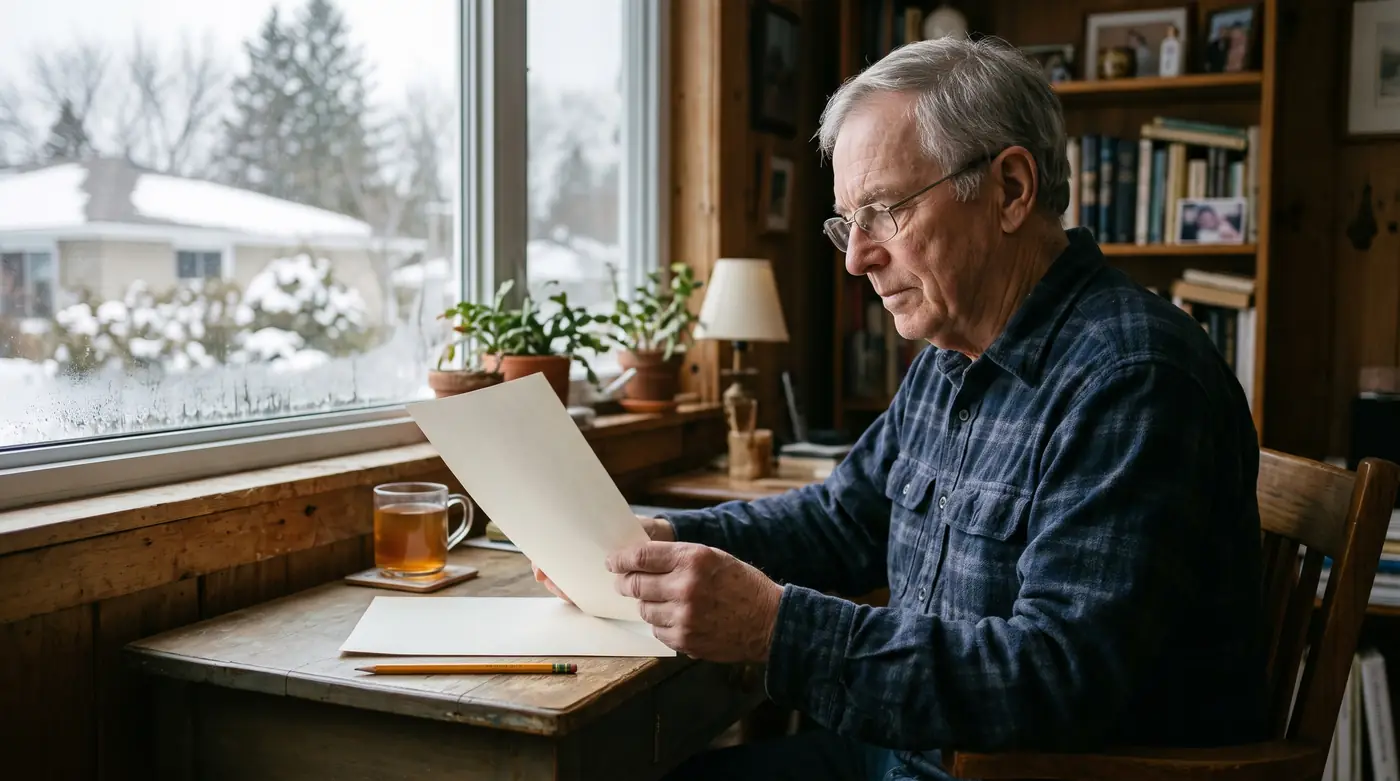 A man in his early seventies reading a single sheet of paper at a desk by a snowy window, a glass of tea beside him.