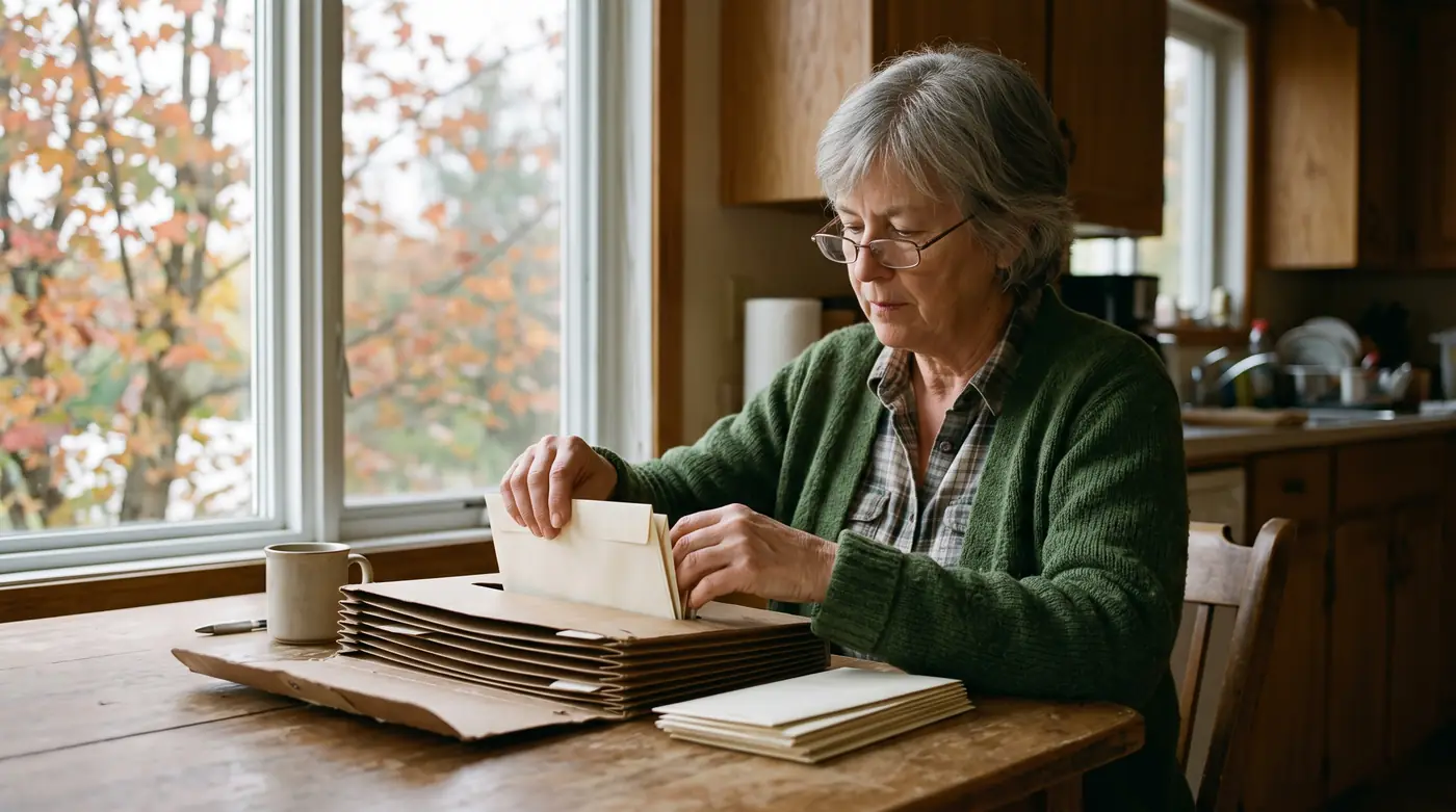 A woman in her late sixties sorting plain envelopes into a cardboard accordion file at a kitchen table, autumn trees outside the window.