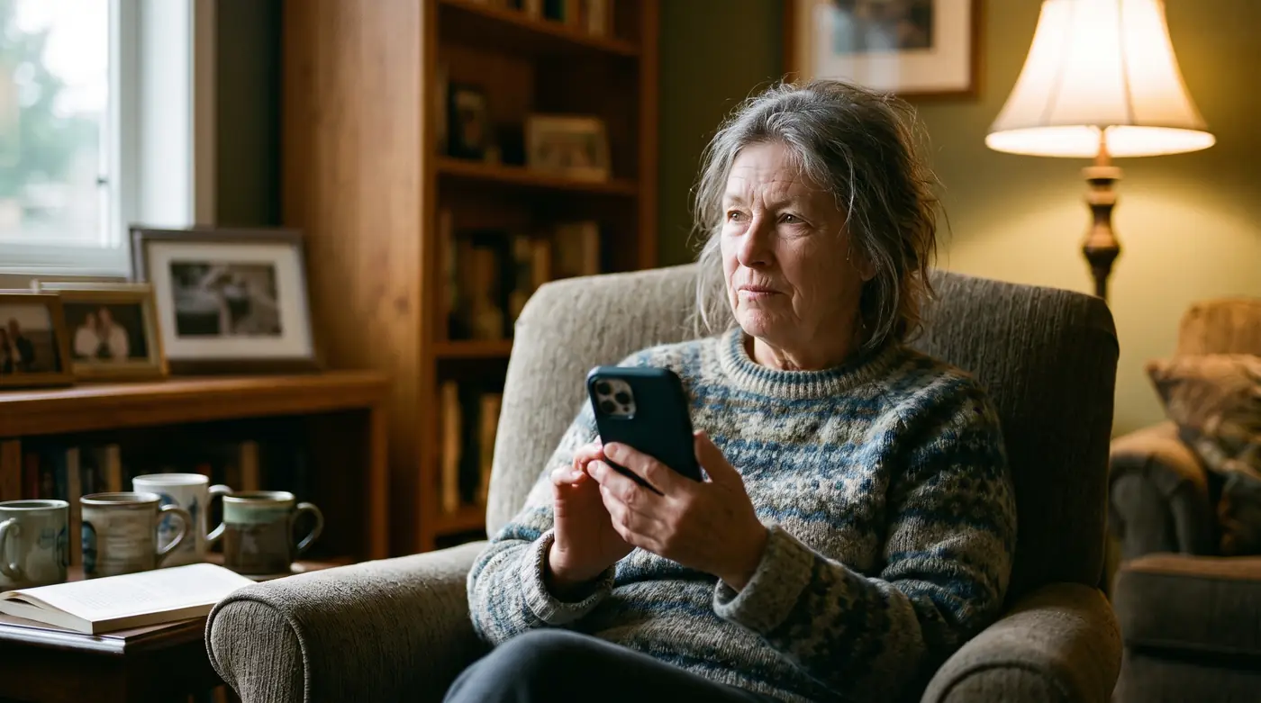 A woman in her early seventies in an armchair looking doubtfully away from the phone in her hand.